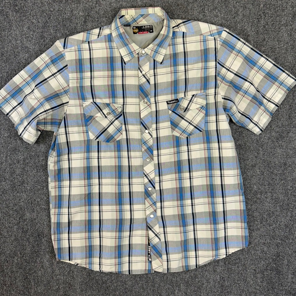 Lost Enterprises Mens Large Plaid Pearl Snap Short Sleeve Blue Grey Skeleton